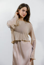 TOP D Sparkle Sheer Cropped Top BEIGE