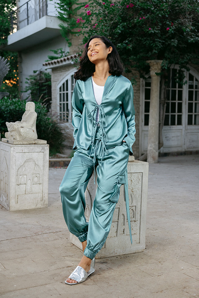 Satin Cargo Pants - MintGreen
