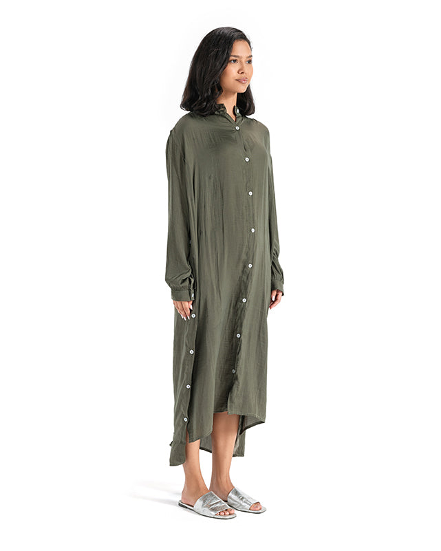 Silk Longline Shirt - Olive