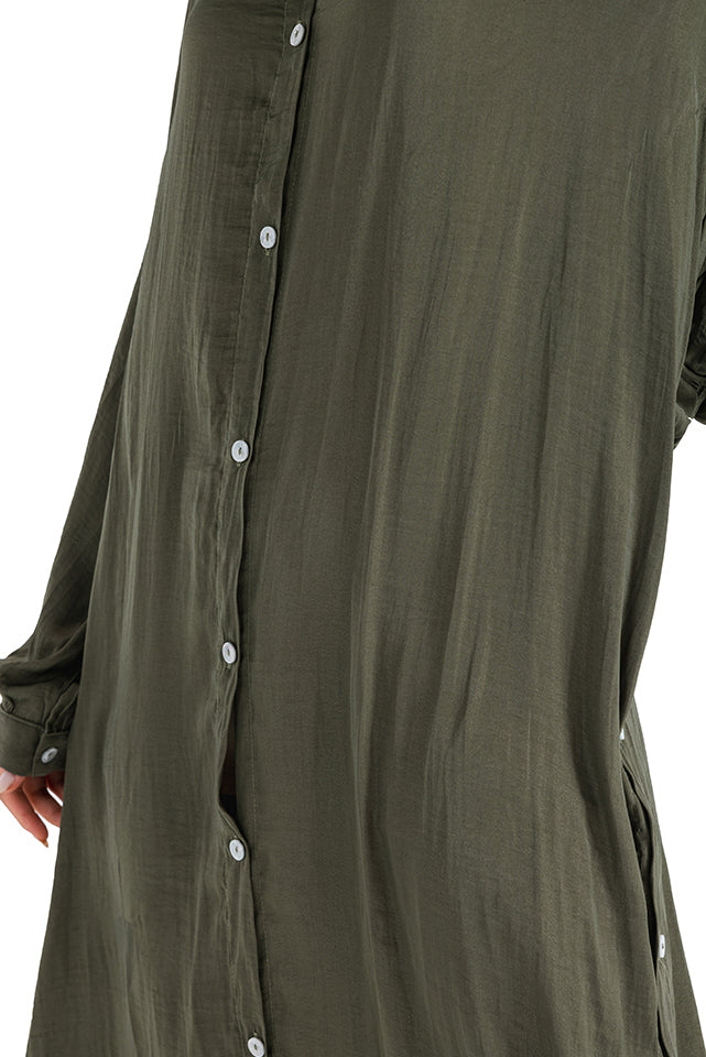 Silk Longline Shirt - Olive