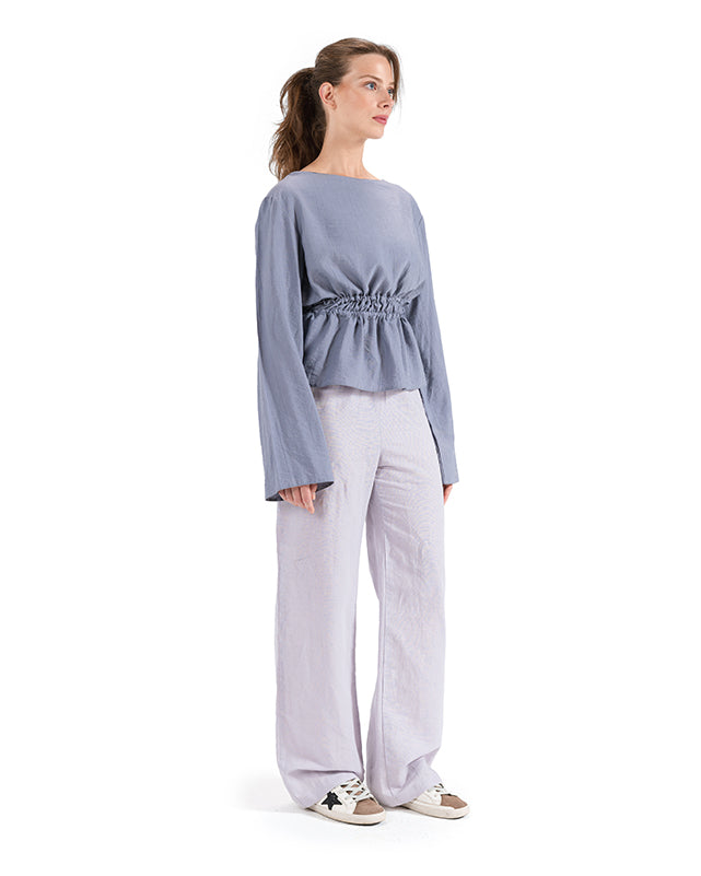 Crinkle Linen Banded Waist Top GRAY