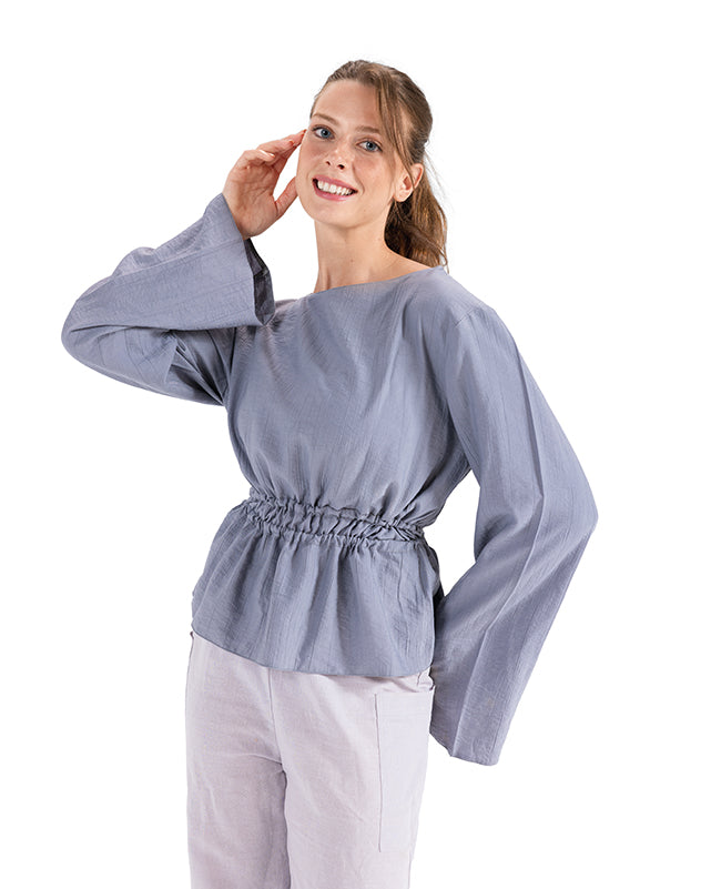 Crinkle Linen Banded Waist Top GRAY