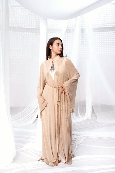 Opulent Glow Bling Tulle Caftan BIEGE