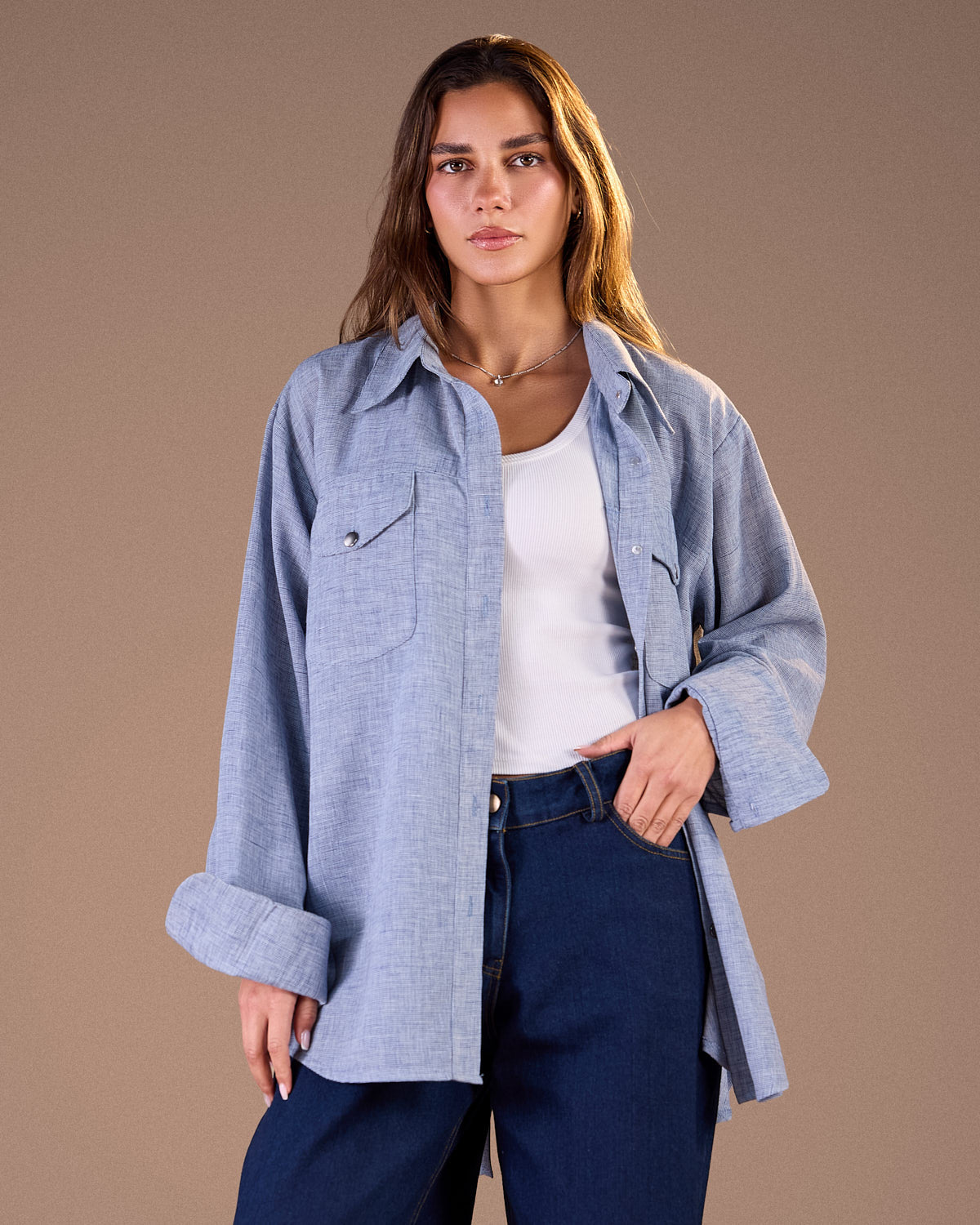 Linin shirt with back slit sky blue S26-CH23