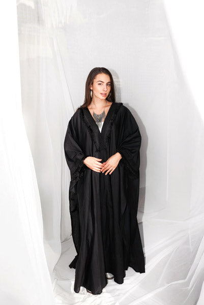 Fringed Serenity Linen Caftan BLACK