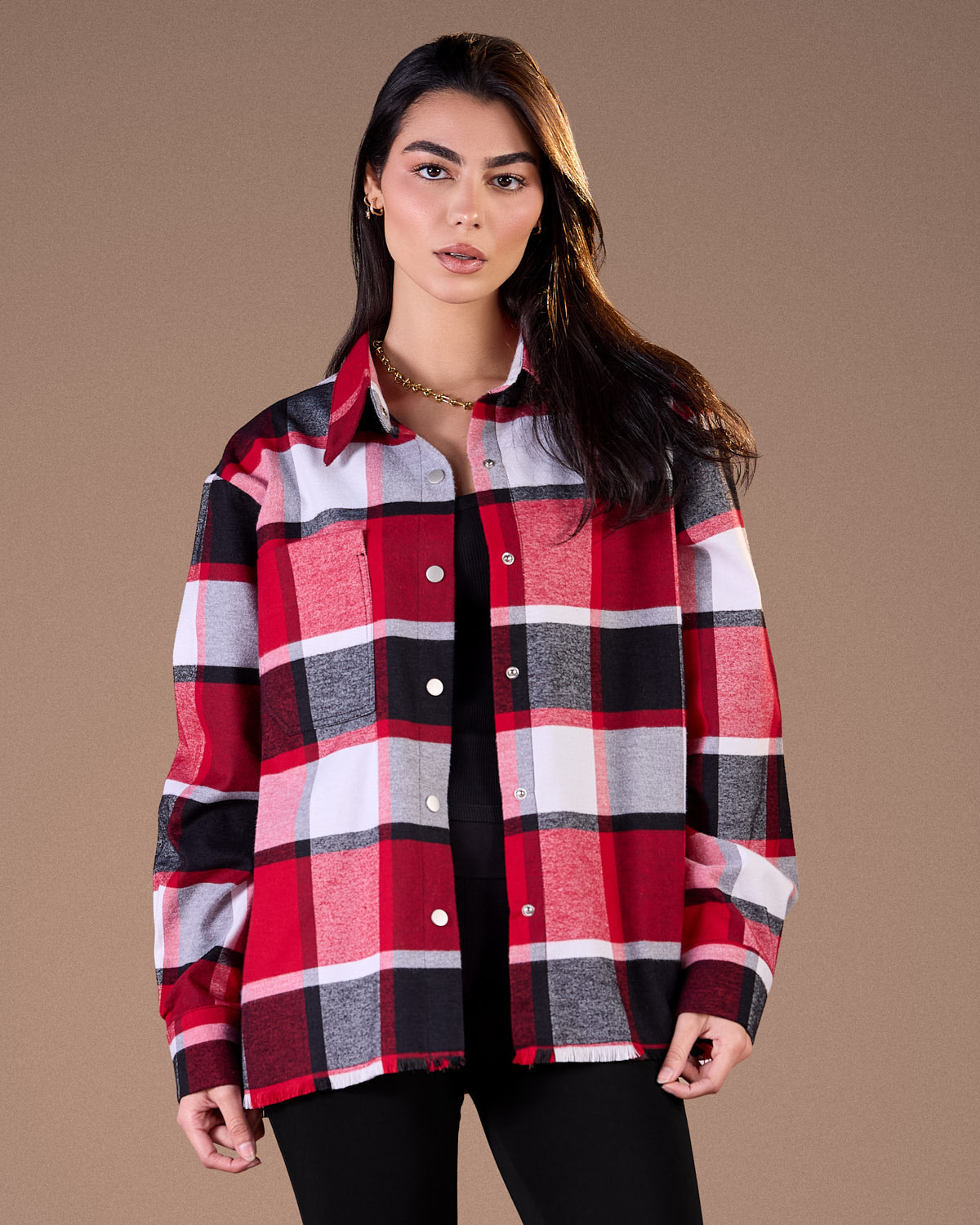 Oversized Caro shirt Black and white plaid with red W25-CH72