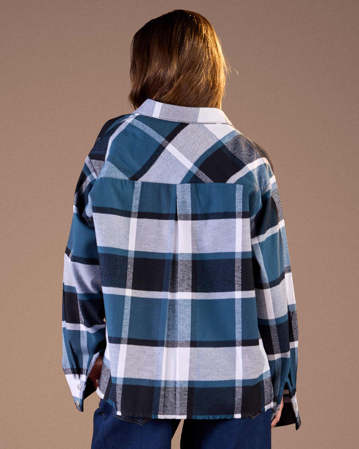Oversized Caro shirt Black and white plaid with petroleumW25-CH72