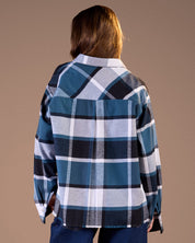 Oversized Caro shirt Black and white plaid with petroleumW25-CH72