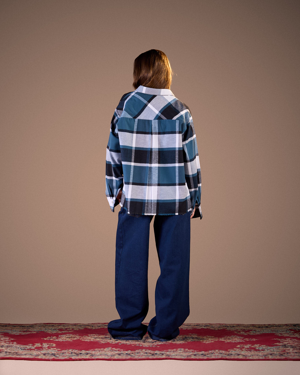 Oversized Caro shirt Black and white plaid with petroleumW25-CH72