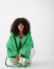 Linen-blend cardigan with bow GREEN