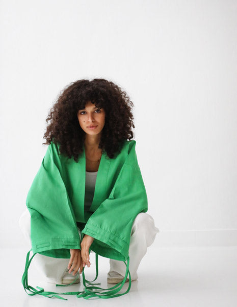 Linen-blend cardigan with bow GREEN