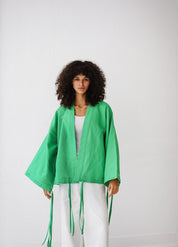 Linen-blend cardigan with bow GREEN