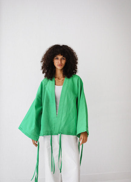 Linen-blend cardigan with bow GREEN