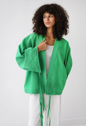Linen-blend cardigan with bow GREEN