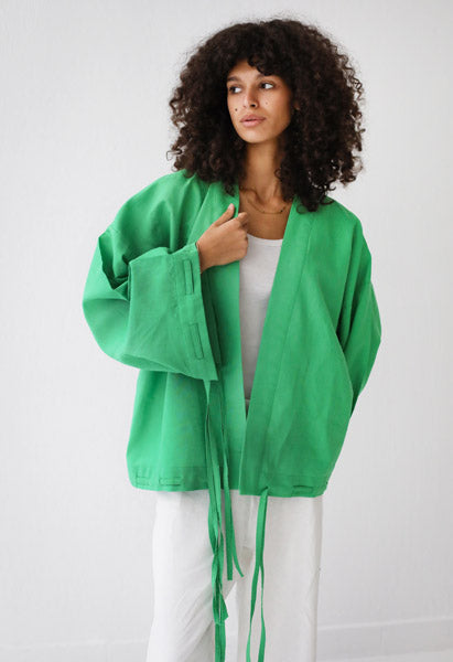 Linen-blend cardigan with bow GREEN