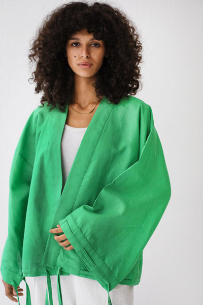 Linen-blend cardigan with bow GREEN