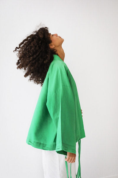 Linen-blend cardigan with bow GREEN
