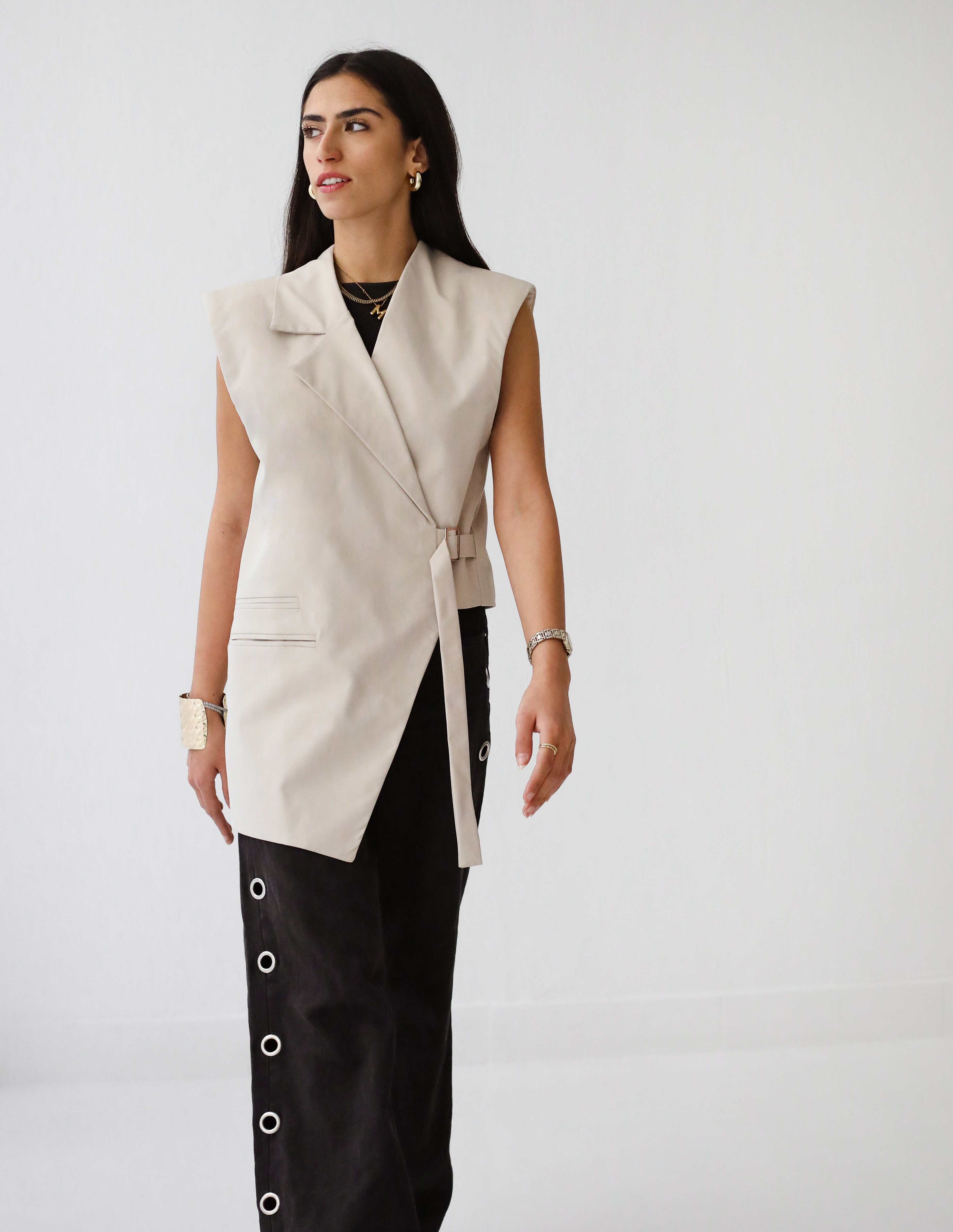 Gabardine Waterproof Vest with Contrast Side Panels Beige