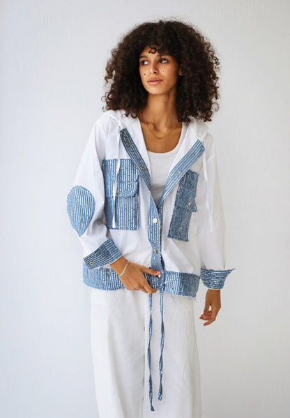 Poplin-Denim Blend Utility Jacket with Cap SleevesWHITE