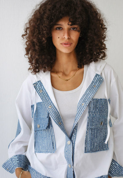 Poplin-Denim Blend Utility Jacket with Cap SleevesWHITE