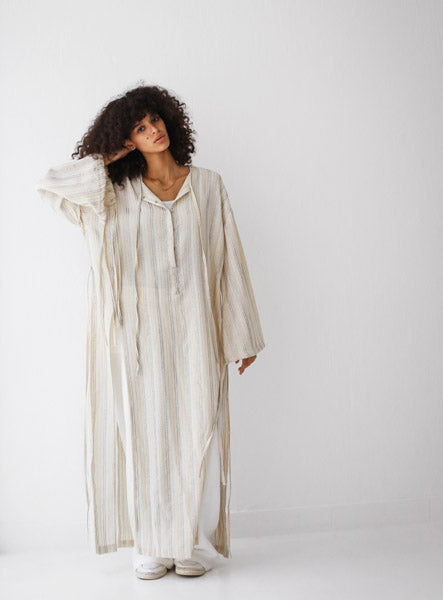 Turkish Linen Maxi Dress with Side Slits BEIGE