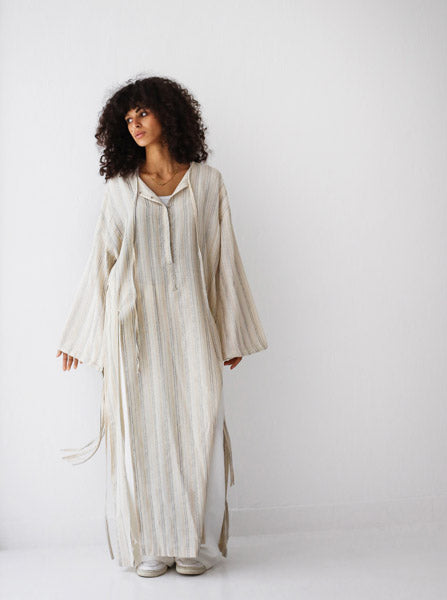 Turkish Linen Maxi Dress with Side Slits BEIGE