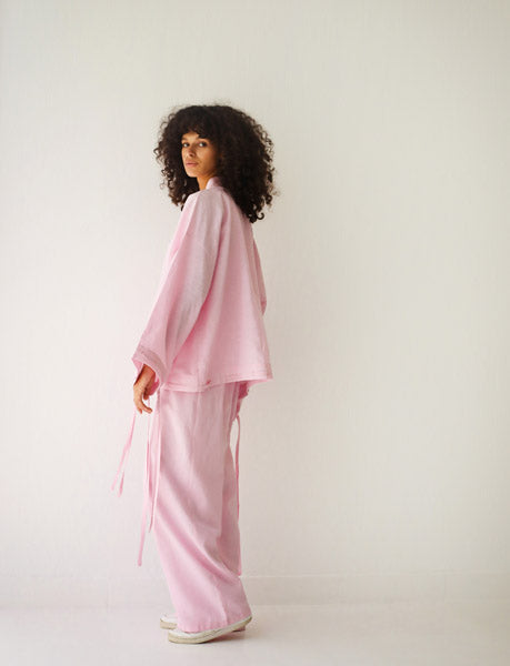 Linen-blend cardigan with bow PINK