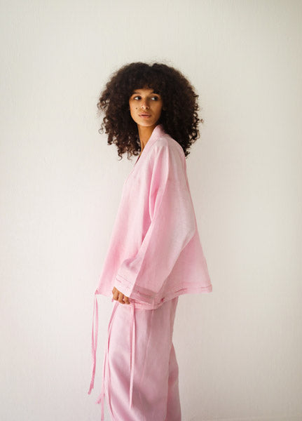 Linen-blend cardigan with bow PINK