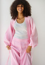 Linen-blend cardigan with bow PINK