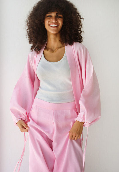 Linen-blend cardigan with bow PINK