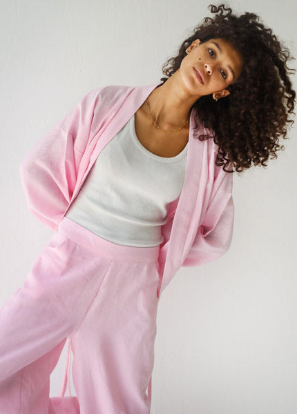 Linen-blend cardigan with bow PINK