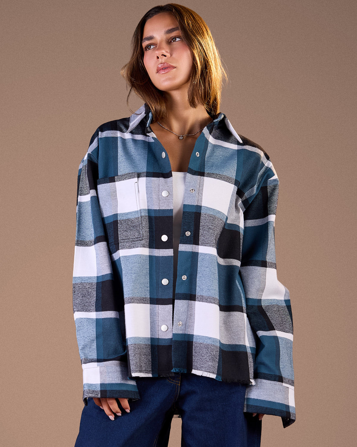 Oversized Caro shirt Black and white plaid with petroleumW25-CH72