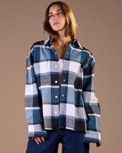 Oversized Caro shirt Black and white plaid with petroleumW25-CH72