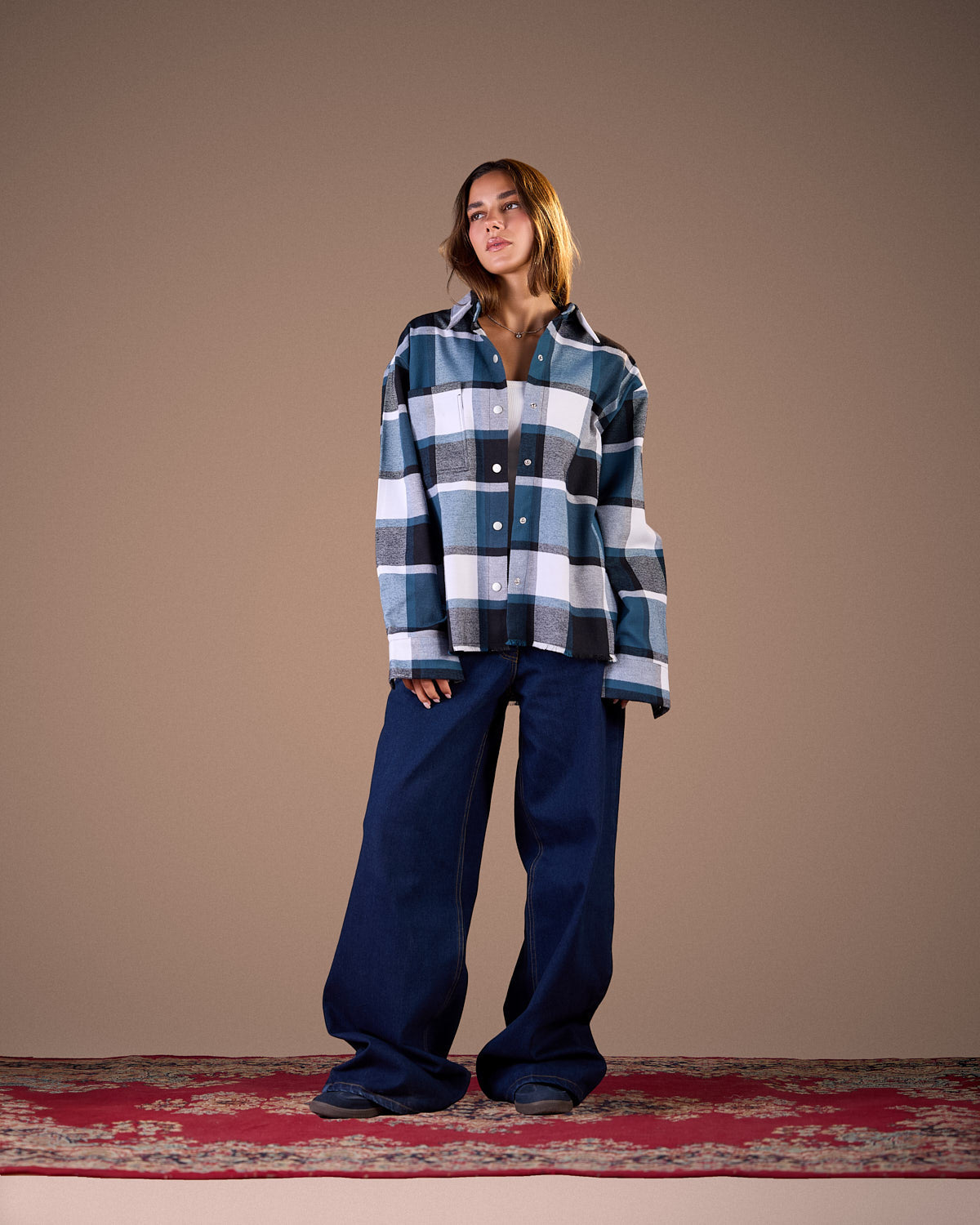 Oversized Caro shirt Black and white plaid with petroleumW25-CH72