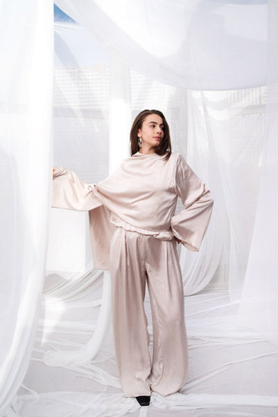 Satin Serenity Top with Round Scarf BEIGE