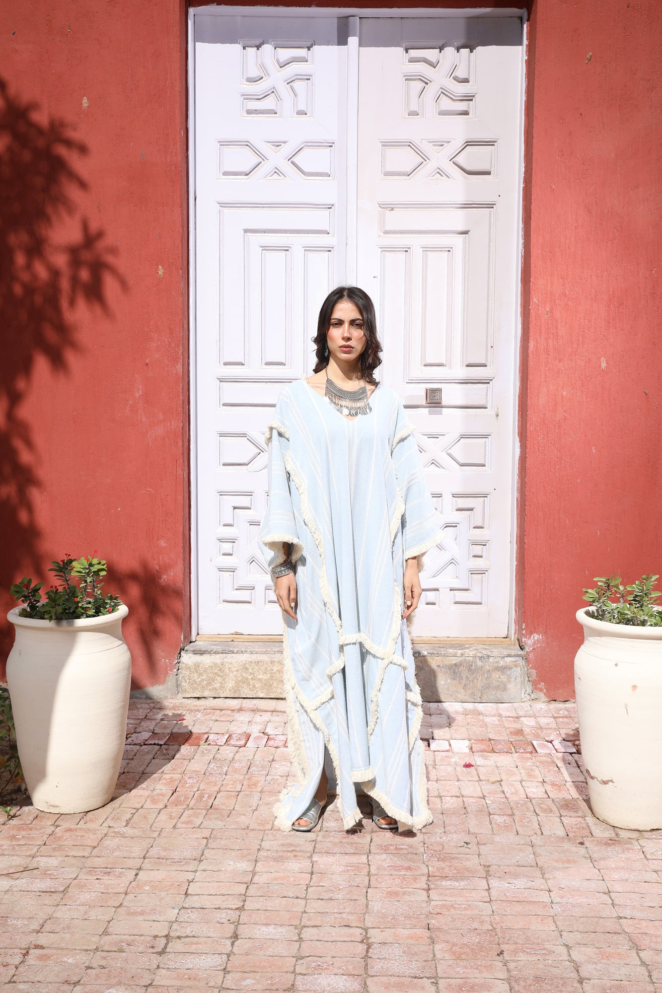 Turkish Linen Modest Abayya With Tassels babyblue