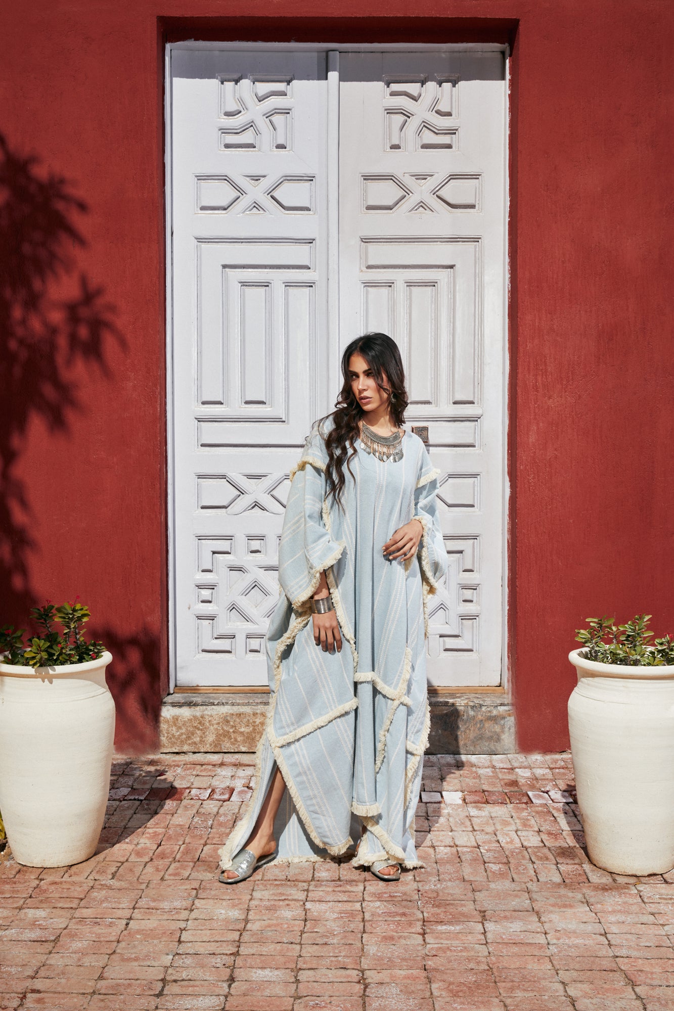 Turkish Linen Modest Abayya With Tassels babyblue