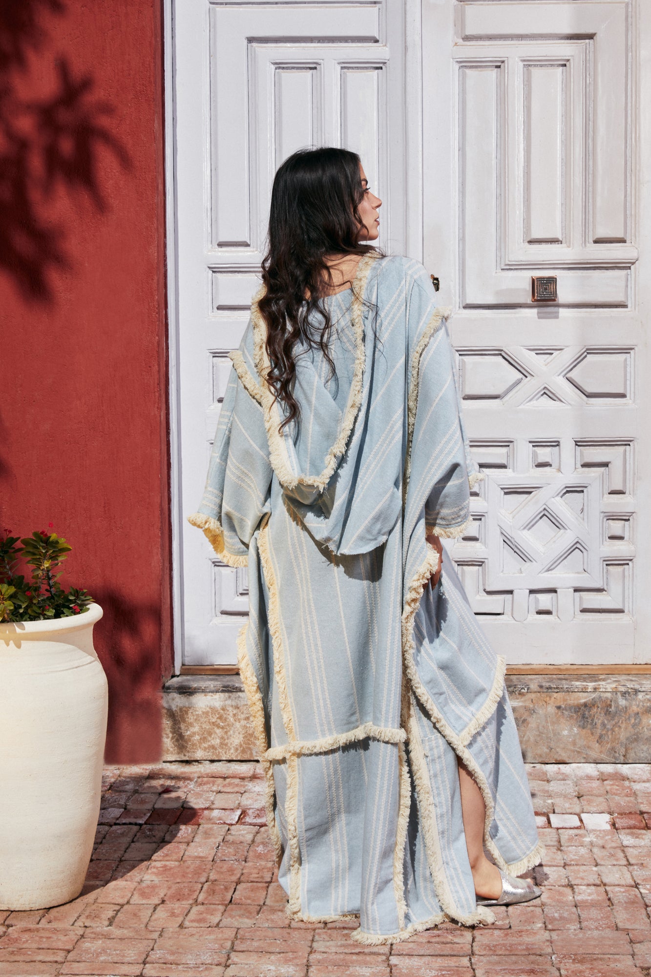 Turkish Linen Modest Abayya With Tassels babyblue