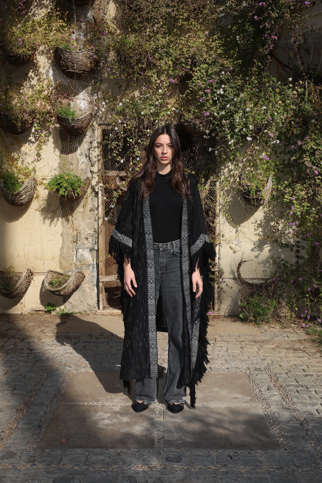 Black Shimmering Kaftan With Fringes