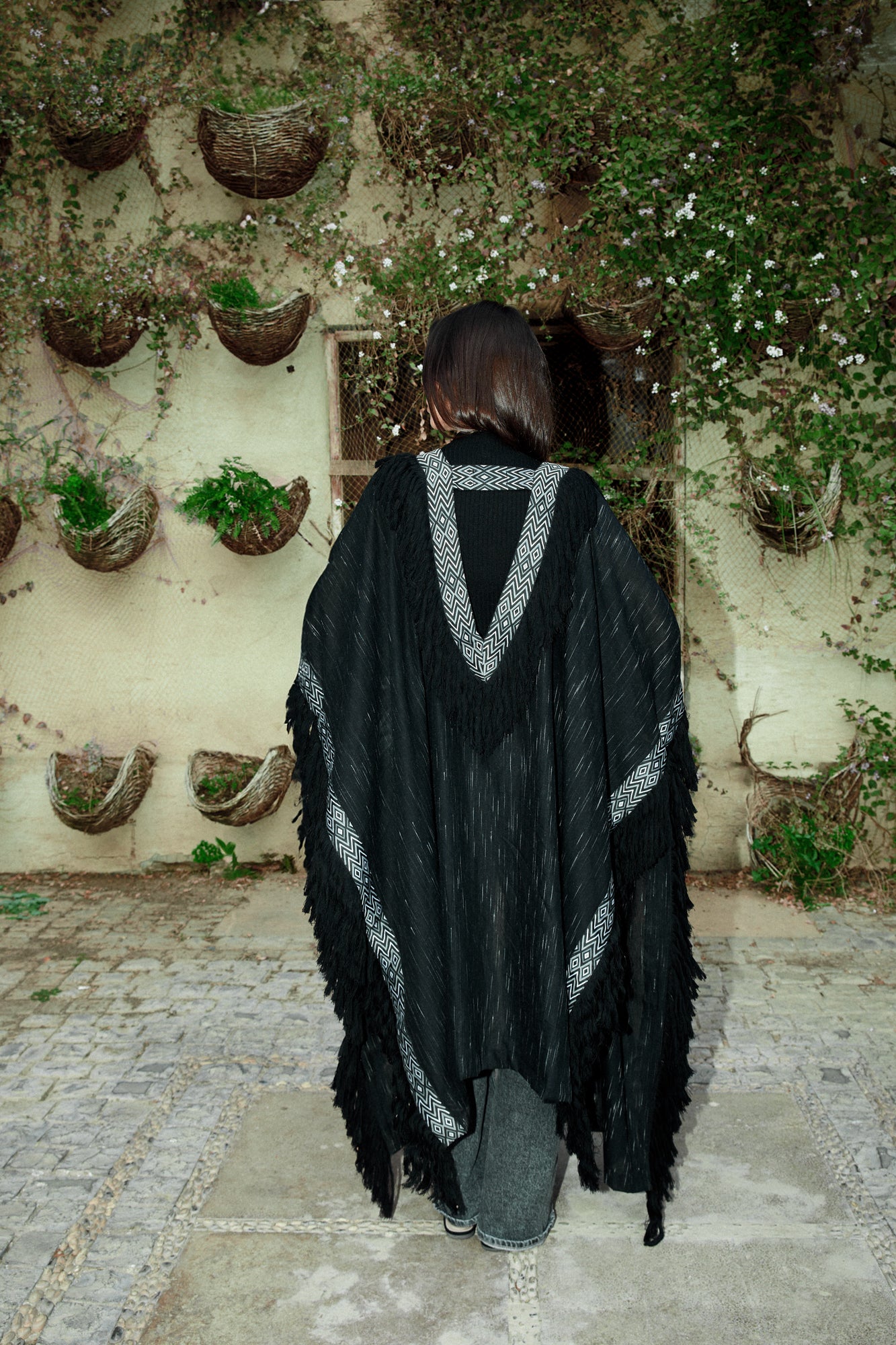 Black Shimmering Kaftan With Fringes