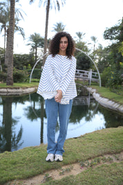 blue Flowing Long Sleeve Stripped Blouse