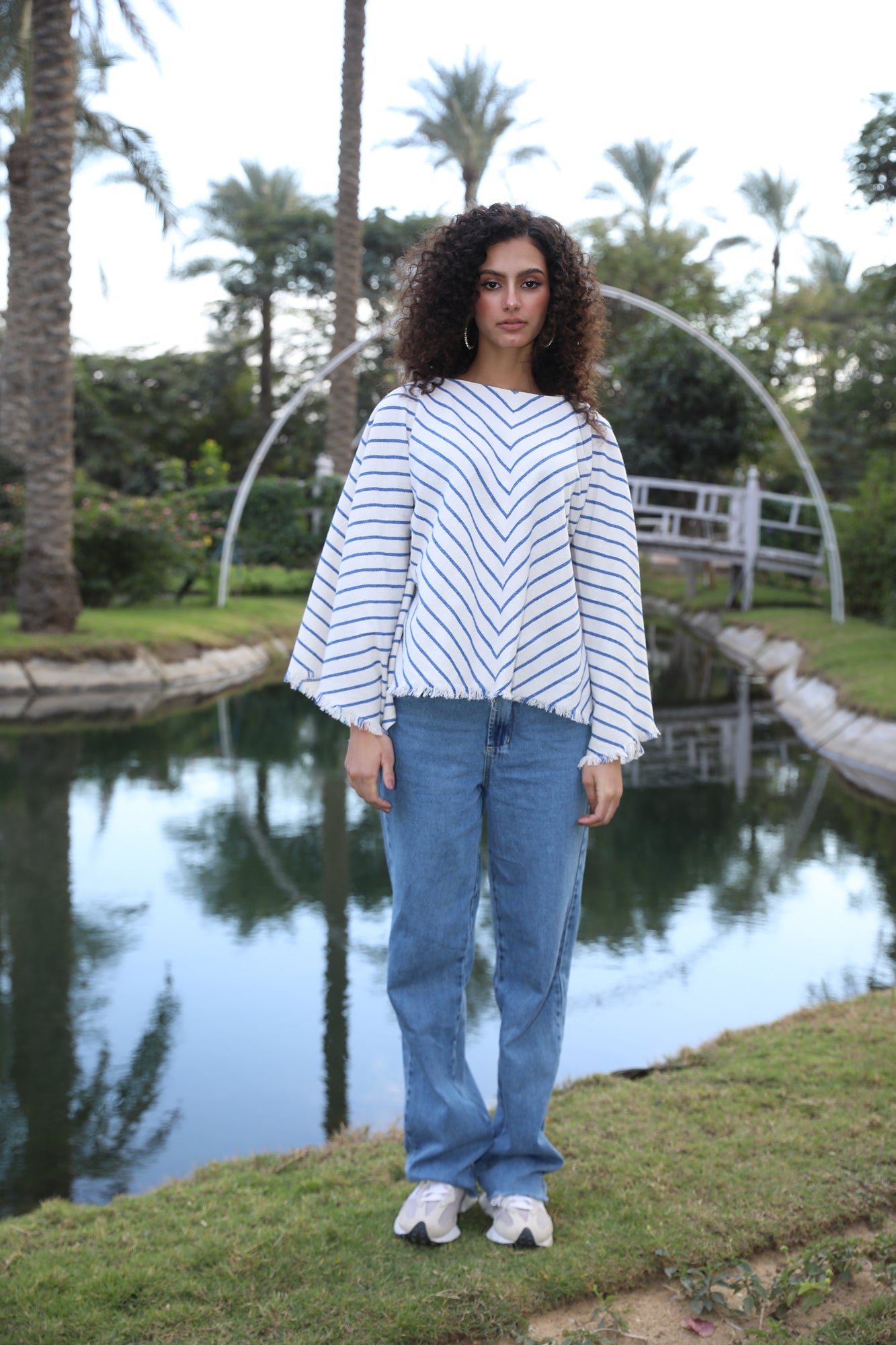 blue Flowing Long Sleeve Stripped Blouse