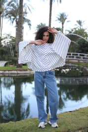 blue Flowing Long Sleeve Stripped Blouse