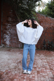 blue Flowing Long Sleeve Stripped Blouse