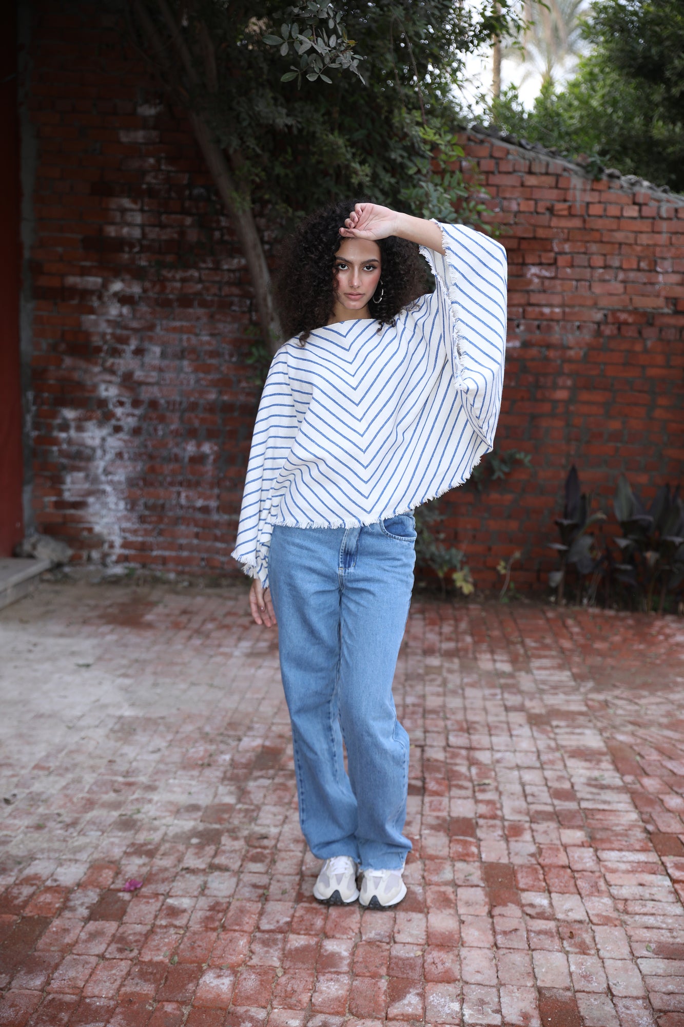 blue Flowing Long Sleeve Stripped Blouse