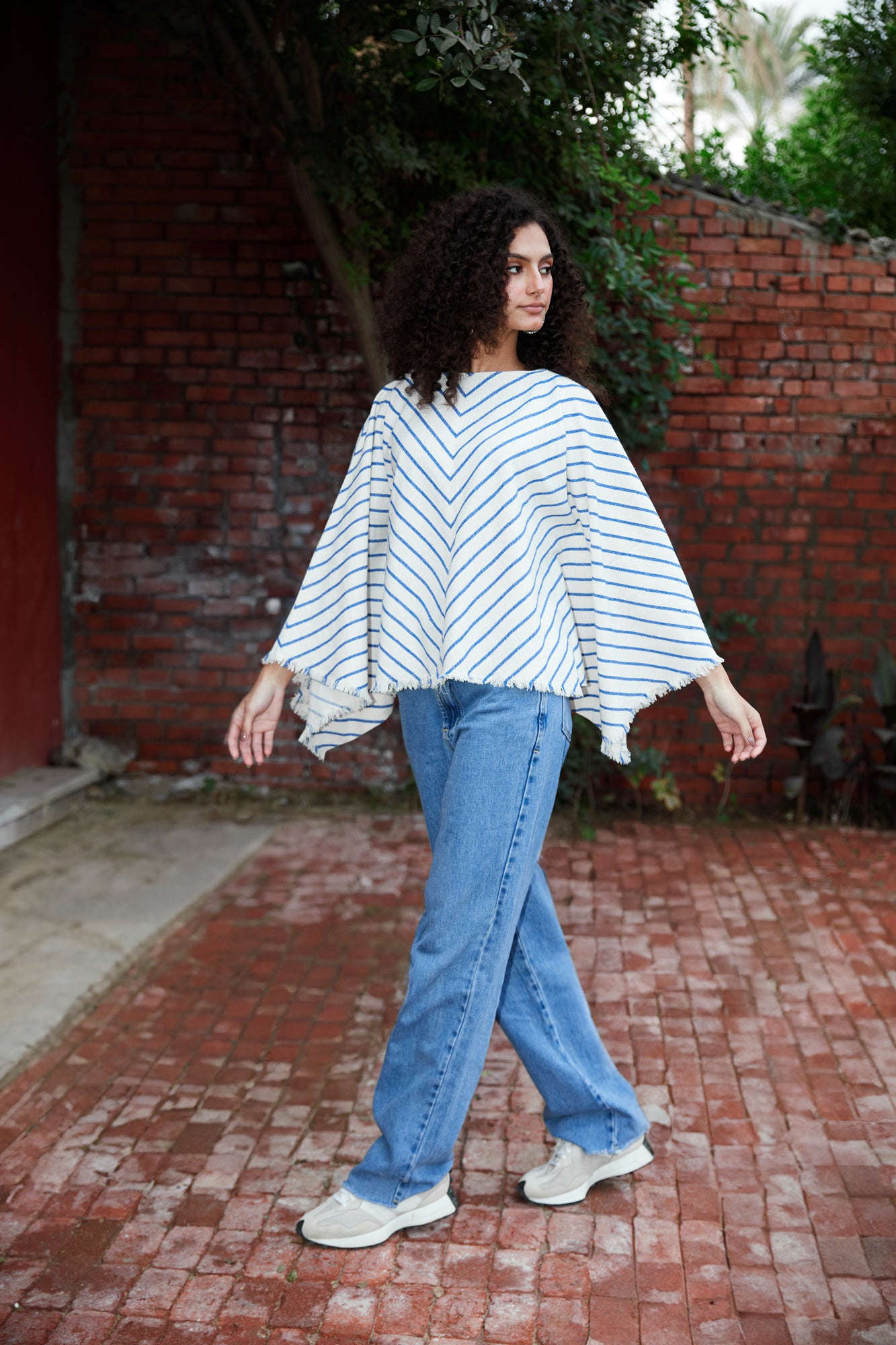 blue Flowing Long Sleeve Stripped Blouse