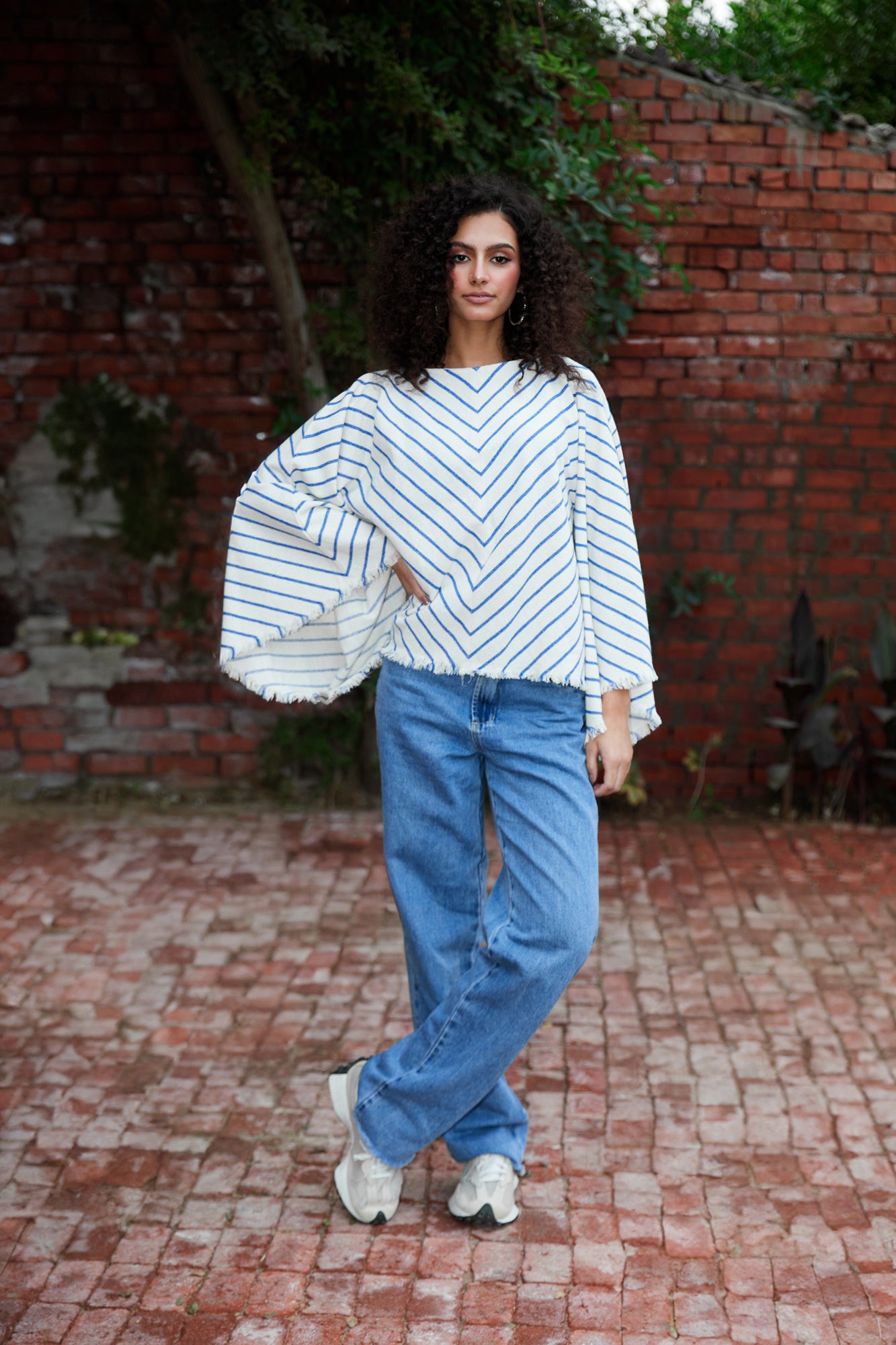 blue Flowing Long Sleeve Stripped Blouse