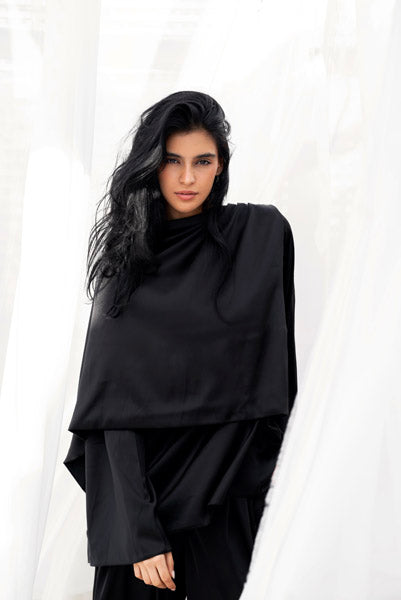 Satin Serenity Top with Round Scarf BLACK