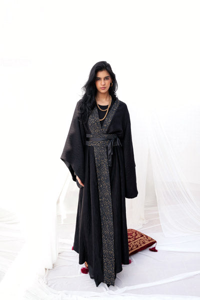 Glamorous Crinkle & Satin Bling Tulle Caftan BLACK