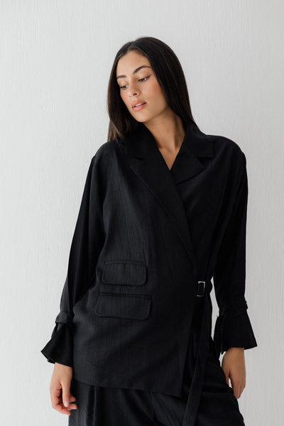 Coastal Breeze Crinkle Linen Blazer BLACK